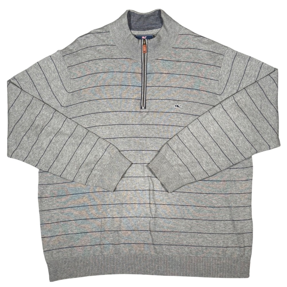 Vineyard Vines Sweater Mens XXL Grey Striped 100% Cotton Quarter Zip Pullover